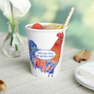 Red Rooster Chicken Blue Watercolor Wedding Paper Cups