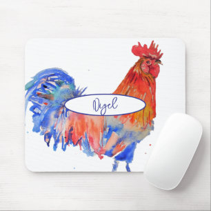 Red Rooster Chicken Watercolour Painting Whimsical Mouse Pad