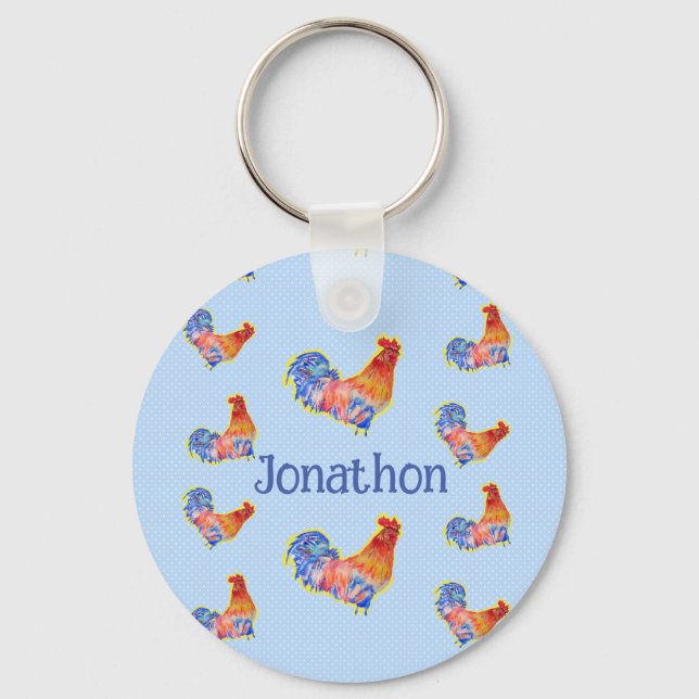 Red Rooster Chickens Boys Happy Birthday Name Key Ring (Front)