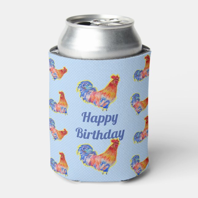 Red Rooster Chickens Mens Happy Birthday Can Cooler (Can Front)