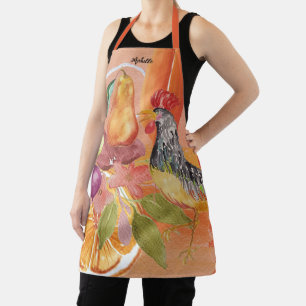 Red Rooster Country Scene Watercolor Hand-painted Apron