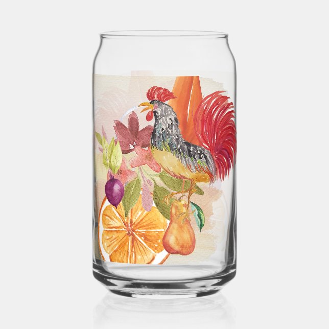 Red Rooster Country Scene Watercolor Hand-painted Can Glass (Front)