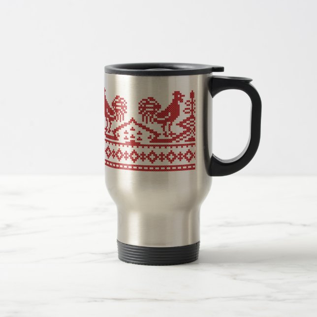 Red Rooster cross-stitch Travel Mug (Right)