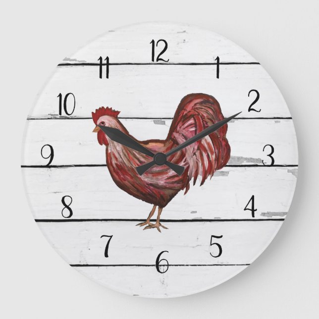 Red Rooster French Country Shiplap Farmhouse Decor Large Clock (Front)