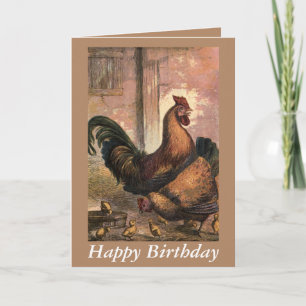Red Rooster, Hen and Chicks Birthday Card