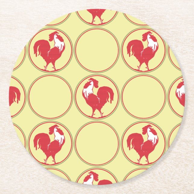 Red Rooster Medallion Pattern on Yellow Round Paper Coaster (Front)