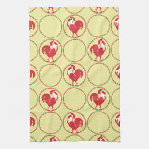 Red Rooster Medallion Pattern on Yellow Tea Towel