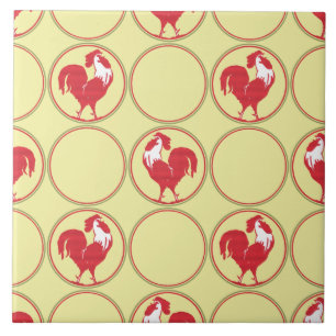 Red Rooster Medallion Pattern on Yellow Tile