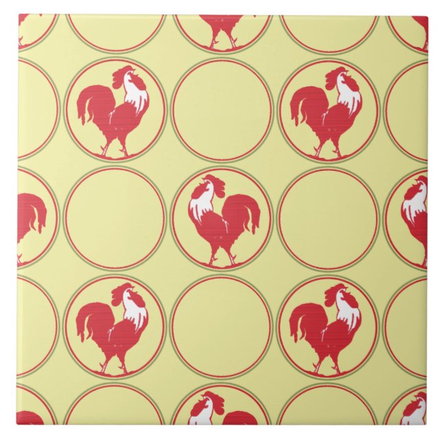 Red Rooster Medallion Pattern on Yellow Tile (Front)
