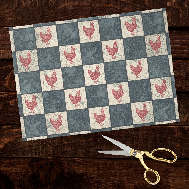 Red Rooster on Gray Black Checkerboard Farmhouse Tissue Paper (Creator Uploaded)