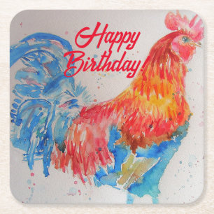 Red Rooster Watercolor Painting Art Birthday Square Paper Coaster
