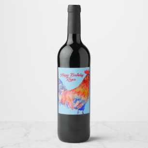 Red Rooster Watercolor Painting Art Chicken Wine Label
