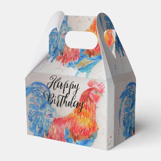 Red Rooster Watercolor Painting Happy Birthday Favour Box (Front Side)
