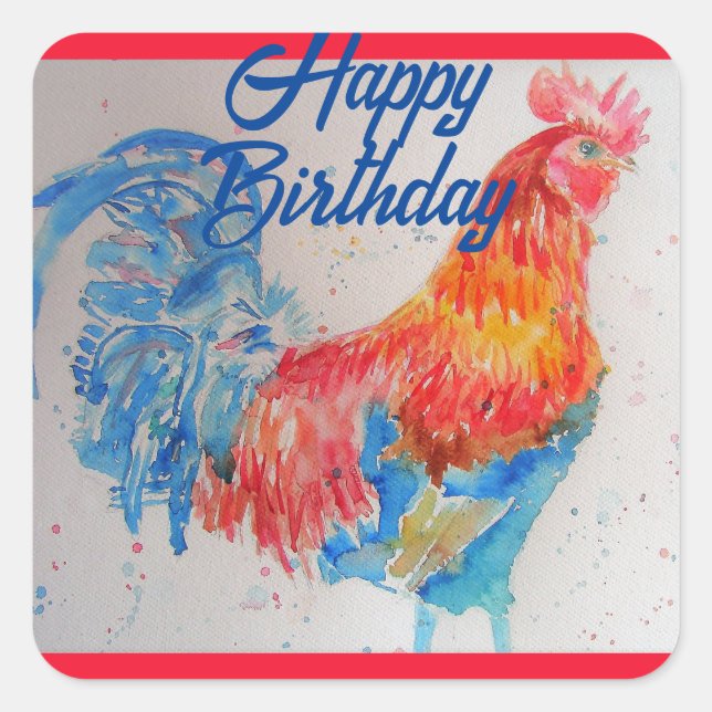 Red Rooster Watercolor Painting Happy Birthday Square Sticker (Front)