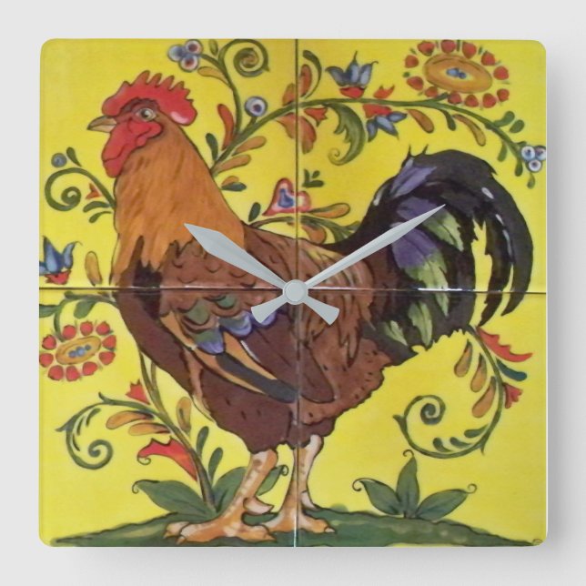 Red Rooster Yellow Chicken Folk Tile Clock Floral (Front)