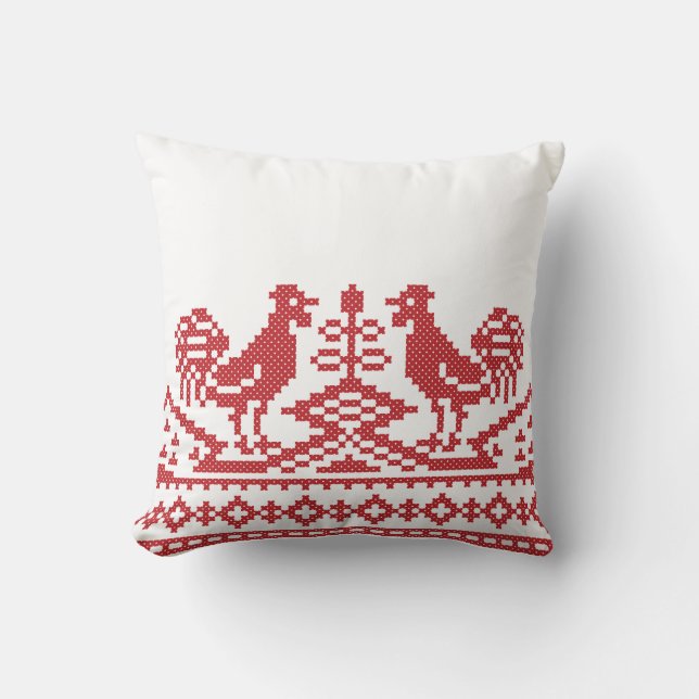 Red Roosters cross-stitch Russian Pattern Cushion (Front)