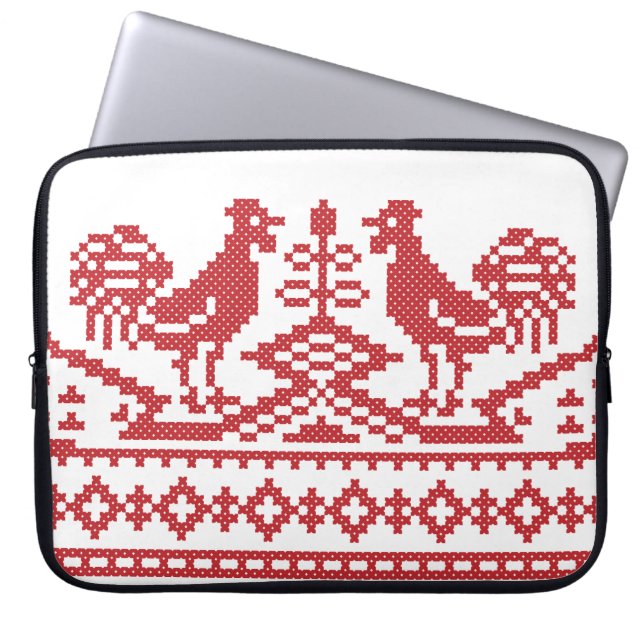 Red Roosters cross-stitch Russian Pattern Laptop Sleeve (Front)