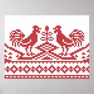 Red Roosters cross-stitch Russian Pattern Poster