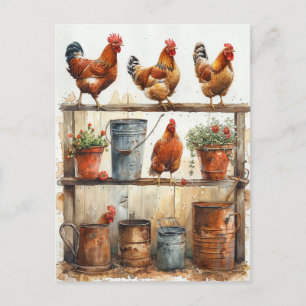 Red Roosters on Potting Bench Rusty Pails Postcard