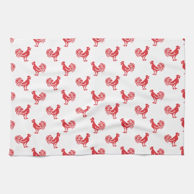 Red Roosters seamless pattern Tea Towel (Horizontal)