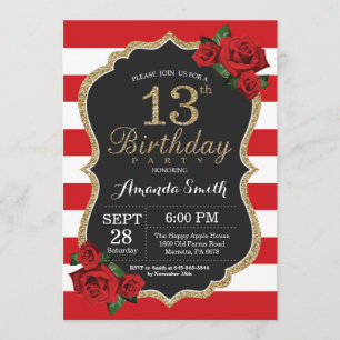 Red Rose 13th Birthday Invitation Gold Glitter