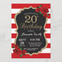 Red Rose 20th Birthday Invitation Gold Glitter