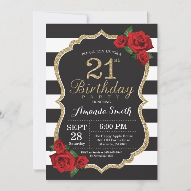 Red Rose 21st Birthday Invitation Gold Glitter (Front)