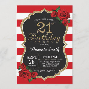 Red Rose 21st Birthday Invitation Gold Glitter