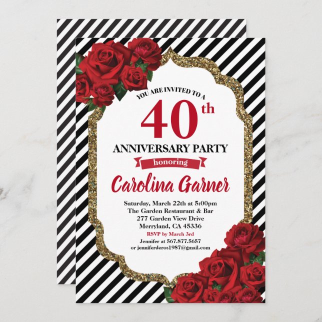Red rose 40th anniversary party invitation wedding (Front/Back)