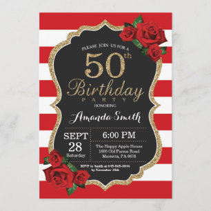 Red Rose 50th Birthday Invitation Gold Glitter