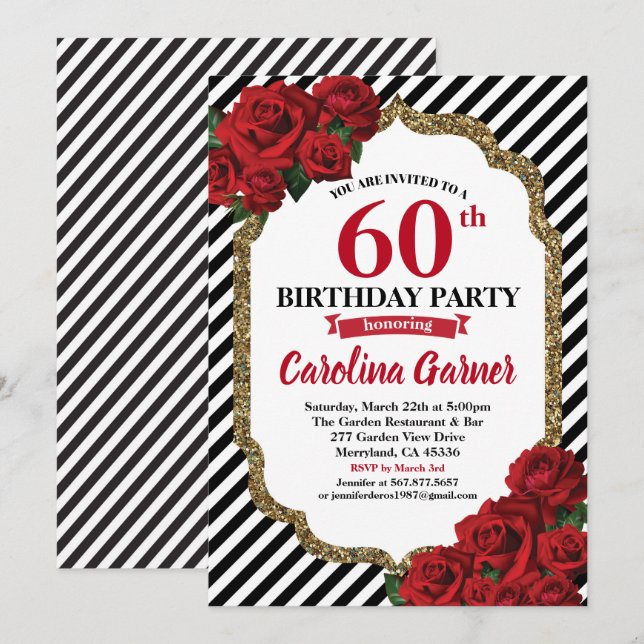Red rose 60th birthday invitation for women (Front/Back)