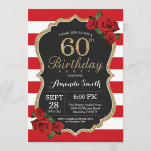 Red Rose 60th Birthday Invitation Gold Glitter