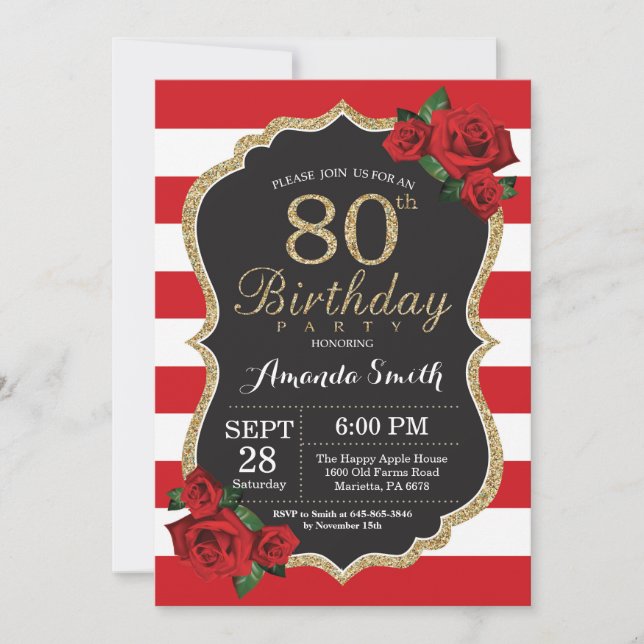Red Rose 80th Birthday Invitation Gold Glitter (Front)
