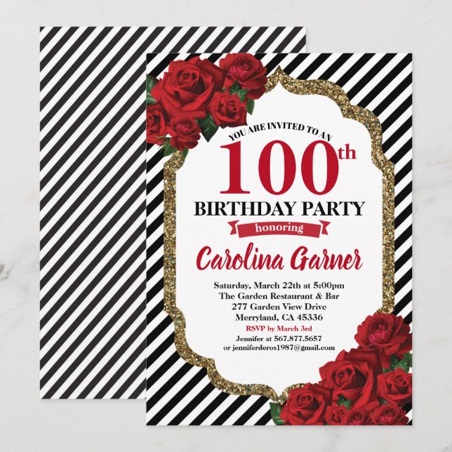 Red rose 90th birthday invitation for gold (Front/Back)