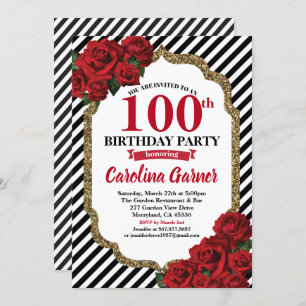 Red rose 90th birthday invitation for gold