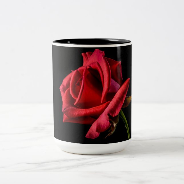 Red Rose Against Black Background Two-Tone Coffee Mug (Center)