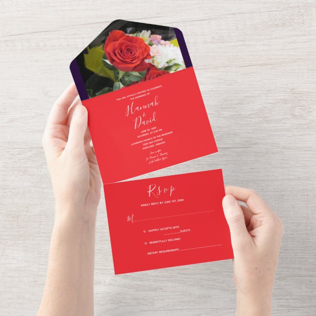Red Rose All in One Wedding Invitation (Tearaway)