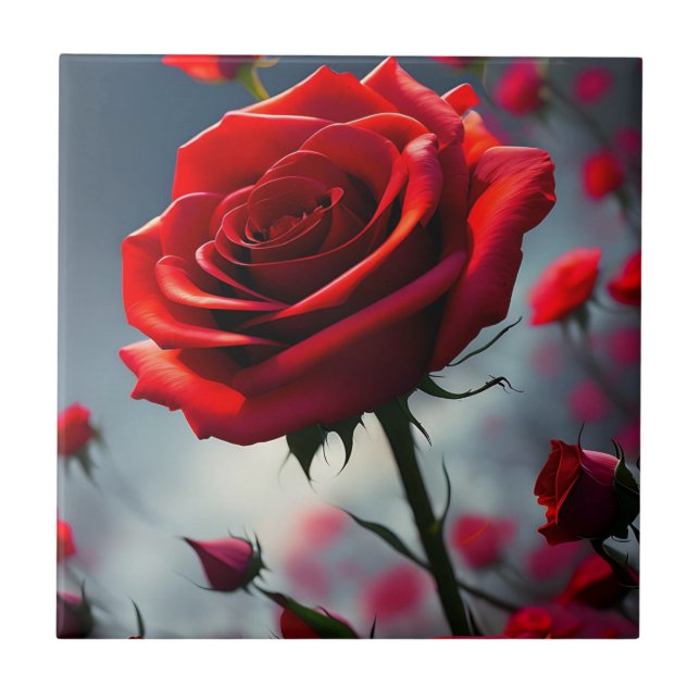 Red Rose And Buds, Ceramic Tile (Front)