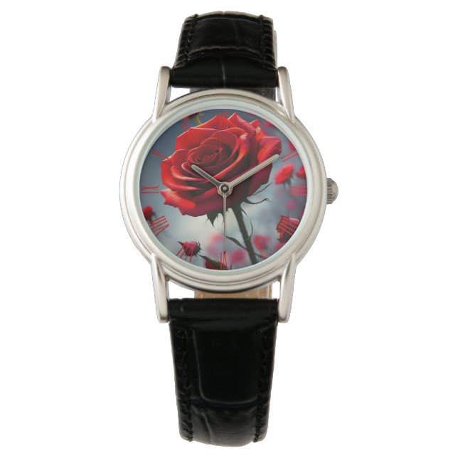 Red Rose And Buds, Ladies Leather Watch (Front)