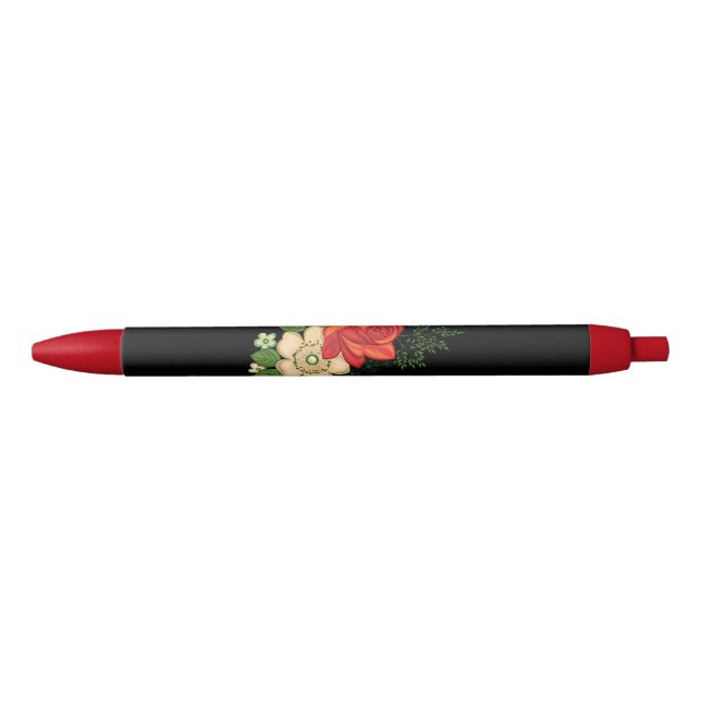 Red Rose and Daisies Black Background Black Ink Pen (Front)