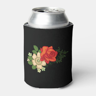 Red Rose and Daisies Black Background Can Cooler