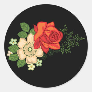 Red Rose and Daisies Black Background Classic Round Sticker