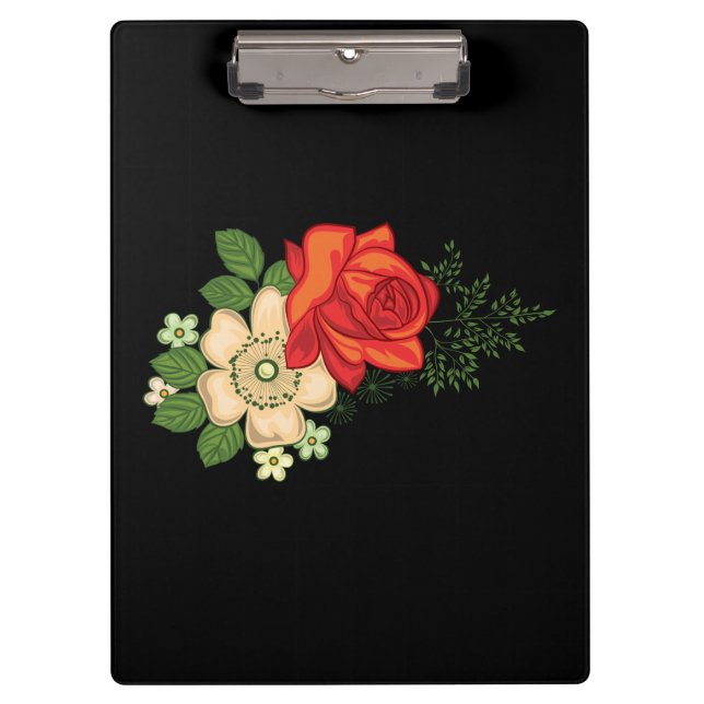 Red Rose and Daisies Black Background Clipboard (Front)