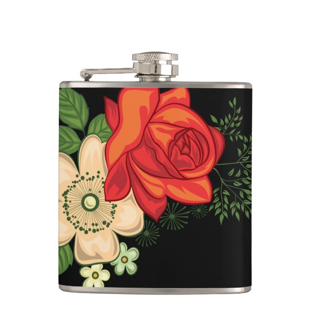 Red Rose and Daisies Black Background Hip Flask (Front)