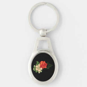 Red Rose and Daisies Black Background Key Ring