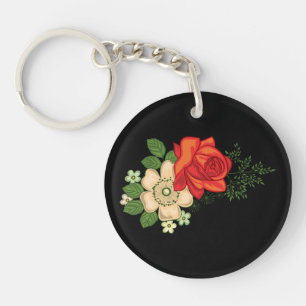 Red Rose and Daisies Black Background Key Ring