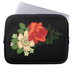 Red Rose and Daisies Black Background Laptop Sleeve