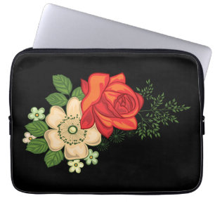 Red Rose and Daisies Black Background Laptop Sleeve