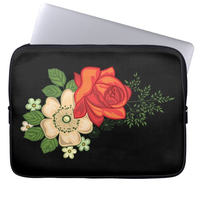 Red Rose and Daisies Black Background Laptop Sleeve (Front)
