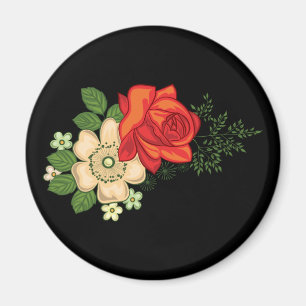 Red Rose and Daisies Black Background Magnet